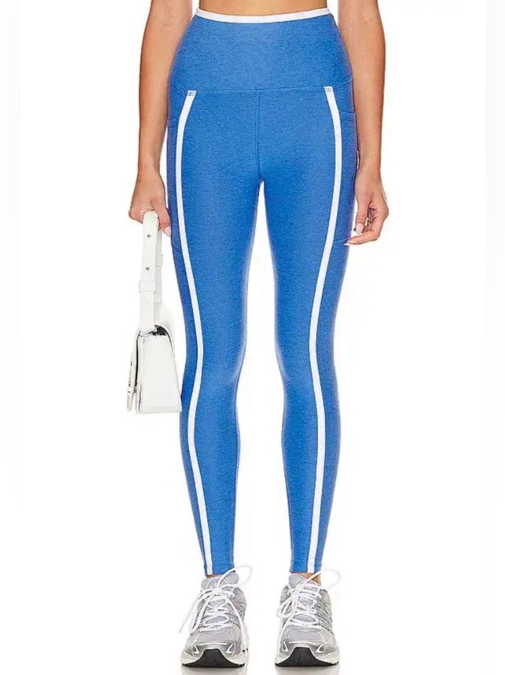 Beyond Yoga Blue High-Waist Leggings with White Side Stripes
